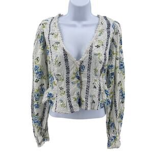 Free People Top White Womens XS Boho Floral Eyelet Cropped V-Neck Long Sleeve